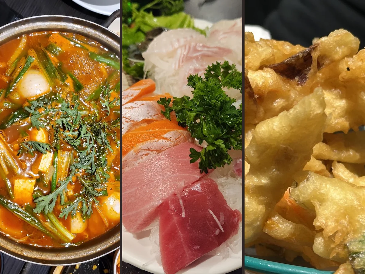 Shared dishes and banchan on a table