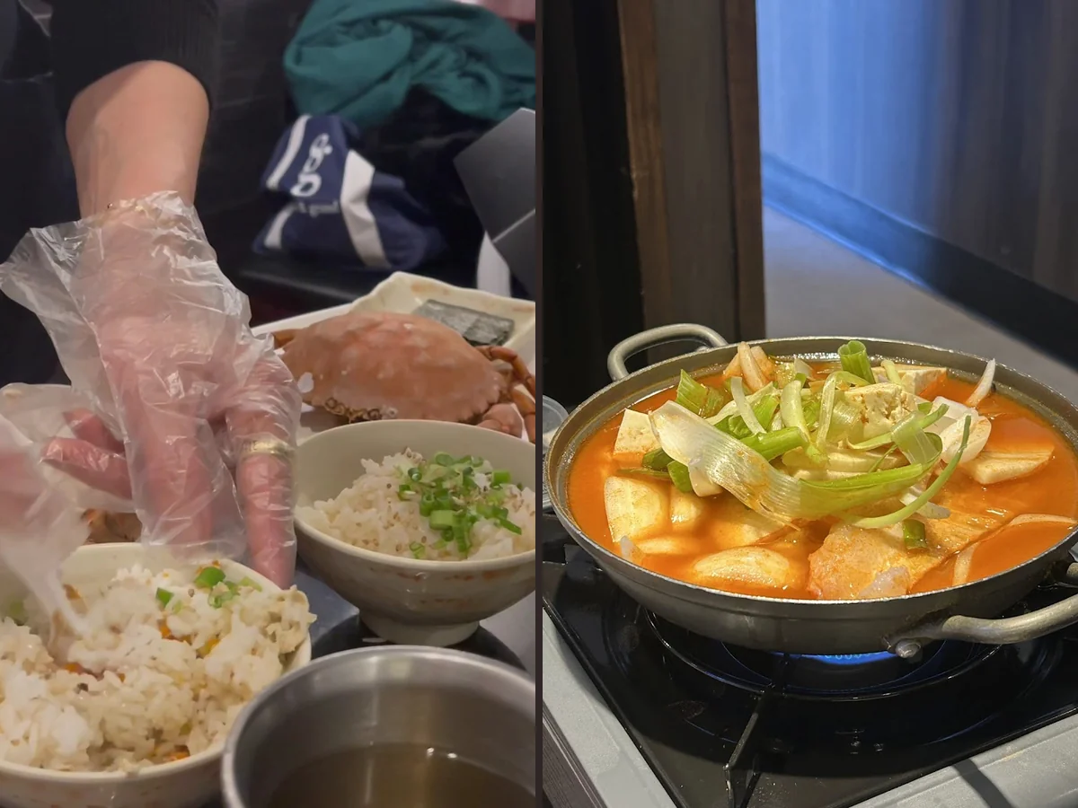 Shared dishes and banchan on a table